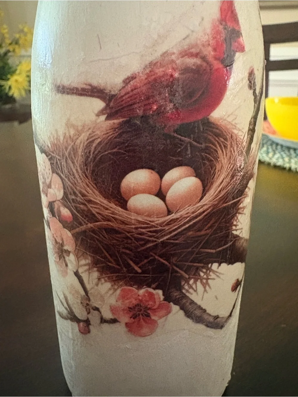 Handcrafted White/Cream Floral Decoupage Wine Bottle Accent - Decorative accent
